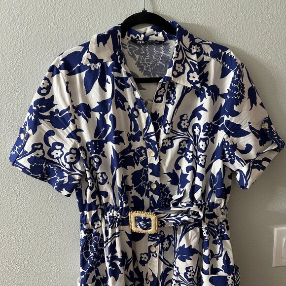 Zara 100% Cotton Blue White Floral Print Midi Shirt Dress LARGE Button Front - Picture 3 of 8